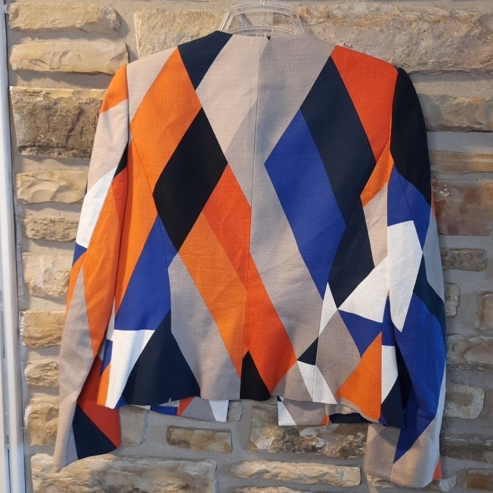 Anne Klein Blazer Open Front Geometric Blue Orange 100% Cotton Size 4 - Picture 7 of 12